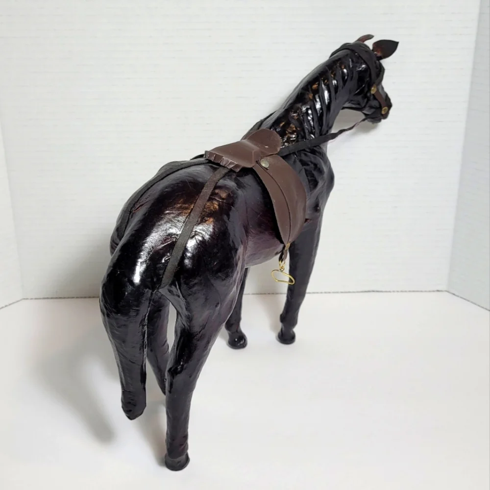 Vintage Brown Leather Wrapped Horse Statue Figure With Saddle - Picture 5 of 12